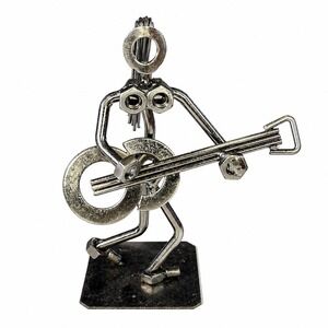 Handmade Scrap Metal Guitarist Statue Nut Bolt Art Female Musician Figurine 6"